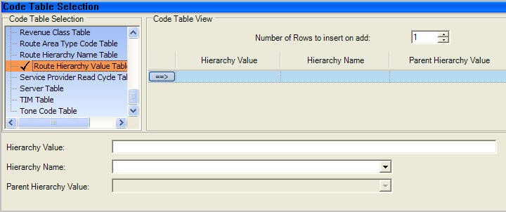The route hierarchy values option selected on the code table selection tab.